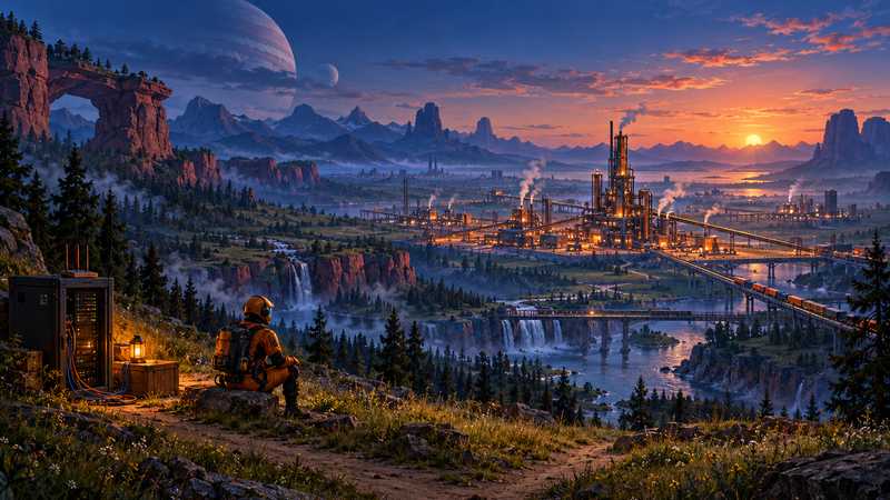 An orange-suited pioneer pauses beside a small home server and router, looking toward a vast factory at dusk.