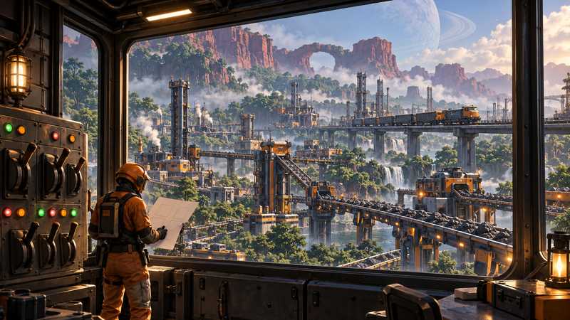 An orange-suited pioneer studies a factory schematic while a train and conveyor belts move beyond the control-room windows.