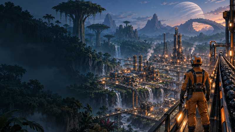 A pioneer looks down from a conveyor catwalk over a factory in an alien forest.