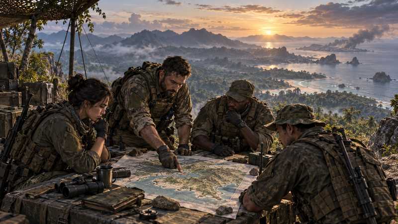 A squad studies an island terrain map at a field command table before choosing a mission.