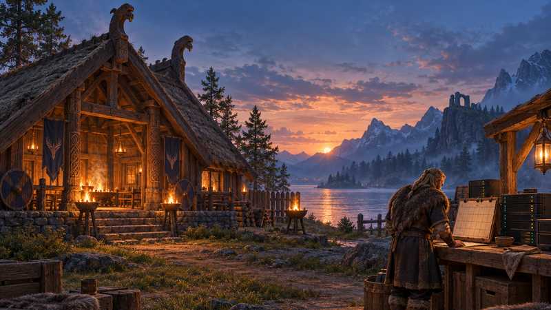 A server operator checks a maintenance calendar beside a quiet Viking longhouse at dusk.