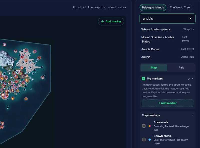 Searching “anubis” on the map: Where Anubis spawns (57 spots), two fast travel points and the Anubis alpha.
