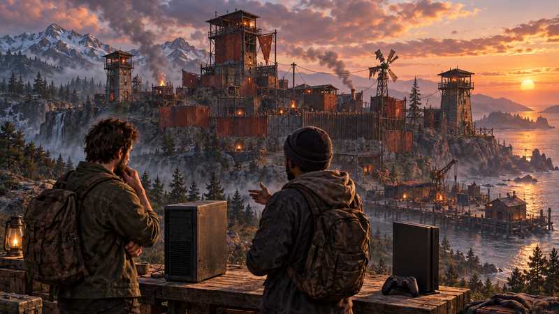 Two players compare an unbranded desktop PC and game console beside a coastal survival base.