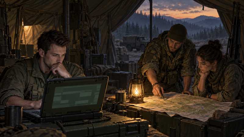 A server administrator studies a laptop beside a terrain map inside a field operations tent.