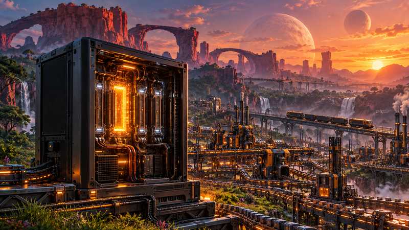 A server tower with one glowing core overlooks a sprawling factory and its supporting production lines.
