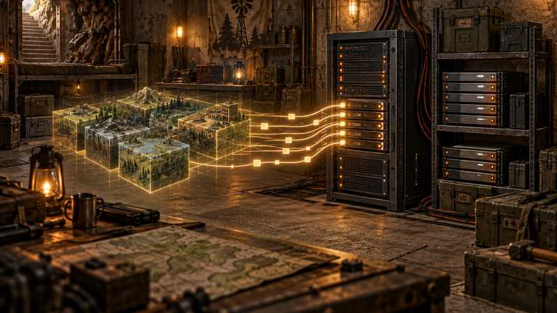 A glowing grid of terrain chunks connects a survivor’s underground base to a bank of storage drives.