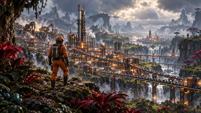 A pioneer looks across a sprawling factory in an alien mountain valley.