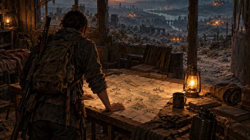 A survivor studies a map as distant safehouses glow across a wasteland.