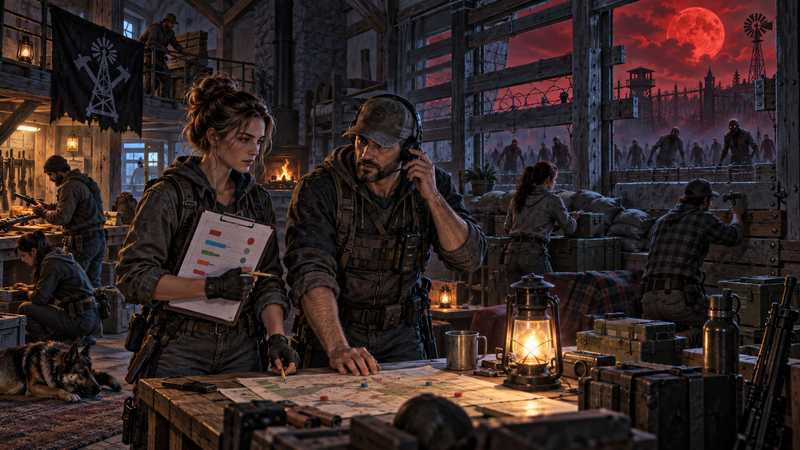 Two admins review an operations board inside a fortified farmhouse as players defend against a horde under a red moon.