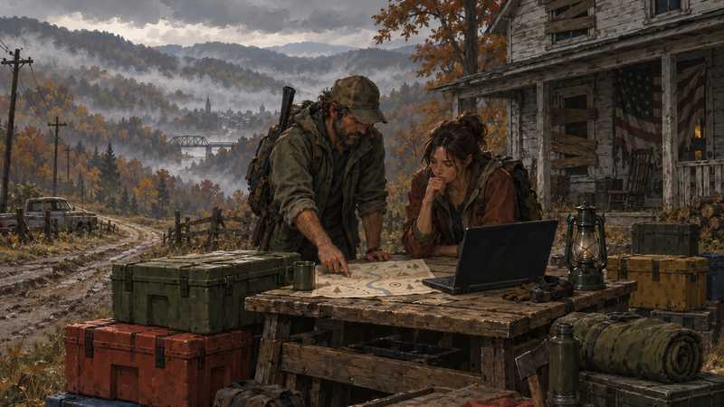 Two survivors sort a handwritten mod inventory and supplies at a workbench outside a boarded-up Kentucky farmhouse.