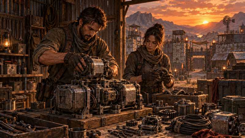 Two survivors repair salvaged mechanical modules on a workshop bench inside a metal compound at orange sunset.