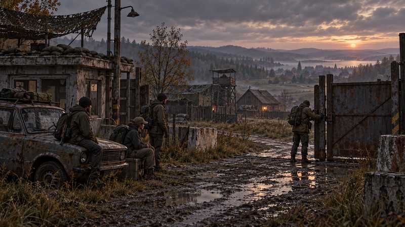 Survivors wait beside a weathered checkpoint as an administrator closes a metal gate at dusk.