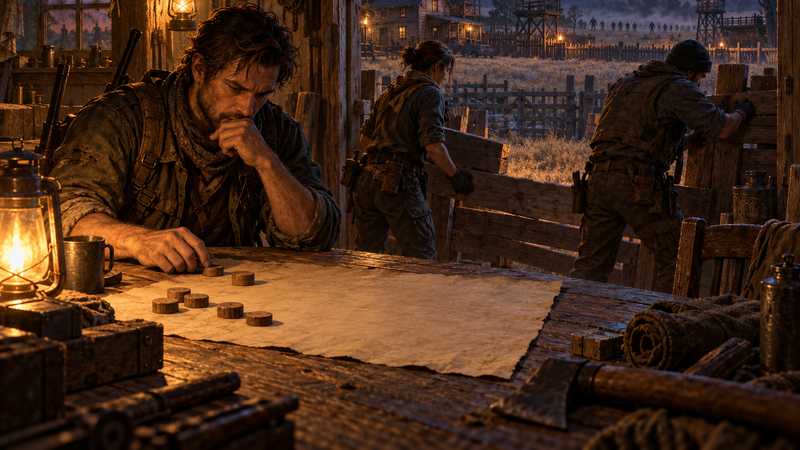 Three survivors study a blank map and prepare a farmhouse defense beneath a red moon.