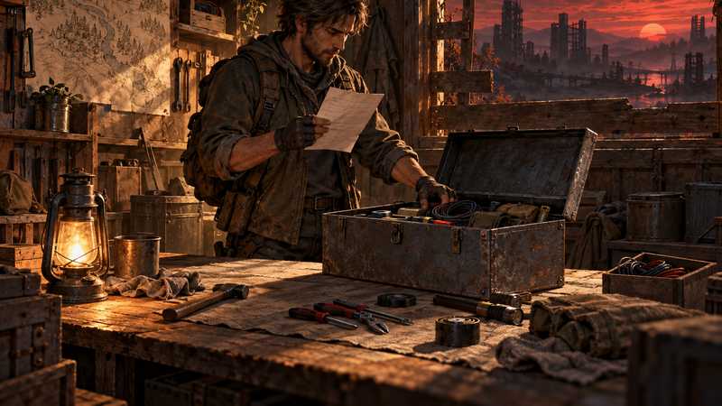 A survivor checks a paper plan at a farmhouse workbench as a ruined town glows at dusk.