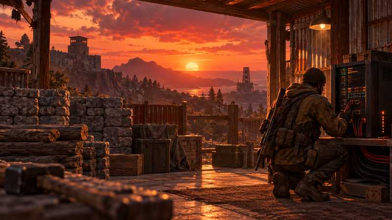 A survivor prepares a dedicated server tower in a weathered Rust workshop at sunset.
