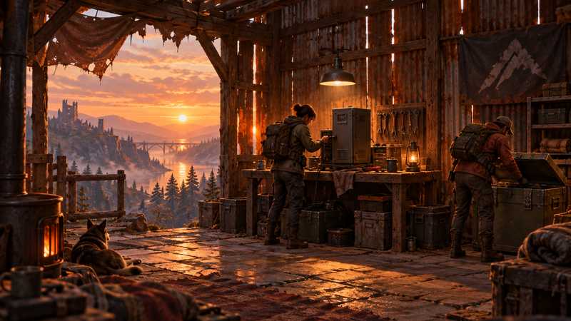 Two survivors assemble equipment beside a storage chest in a weathered metal and timber workshop.