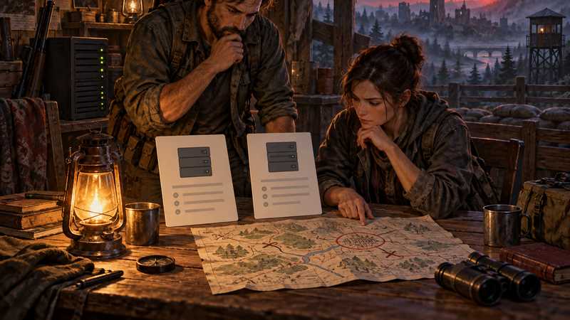 Survivors compare two server plan cards beside a hand-marked map inside a lantern-lit 7 Days to Die shelter.