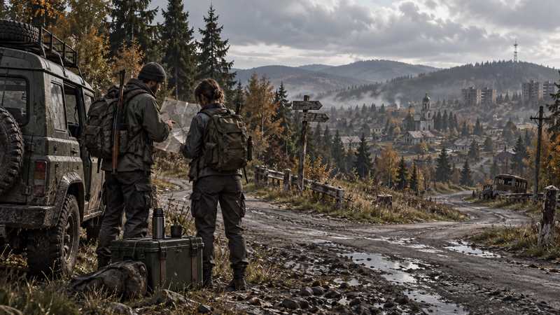 Two survivors study a folded paper map beside a weathered vehicle at a forest road junction.