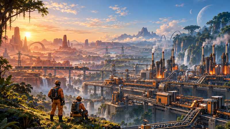 Two factory engineers look across a vast industrial complex on an alien plateau.