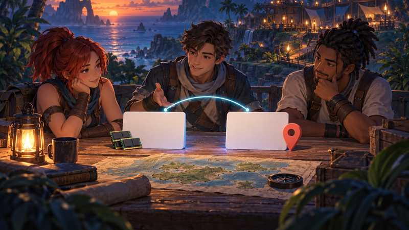 Friends compare two unbranded server cards by memory and location on a tropical island at dusk.