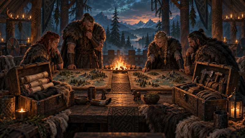 Four Norse travelers compare two carved world maps across a timber table beside a fire.