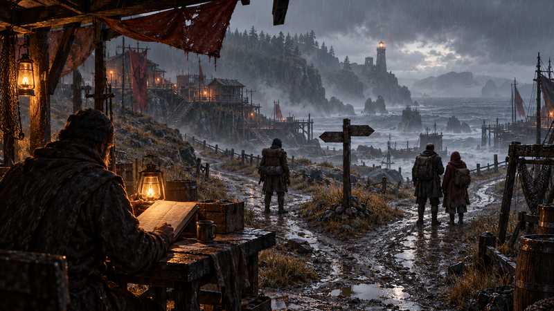 A moderator with a lantern reviews a rule ledger as three survivors choose between separate routes.