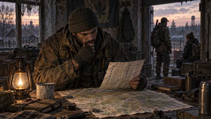 A DayZ community organizer studies a paper map and player roster at a lantern-lit outpost table.