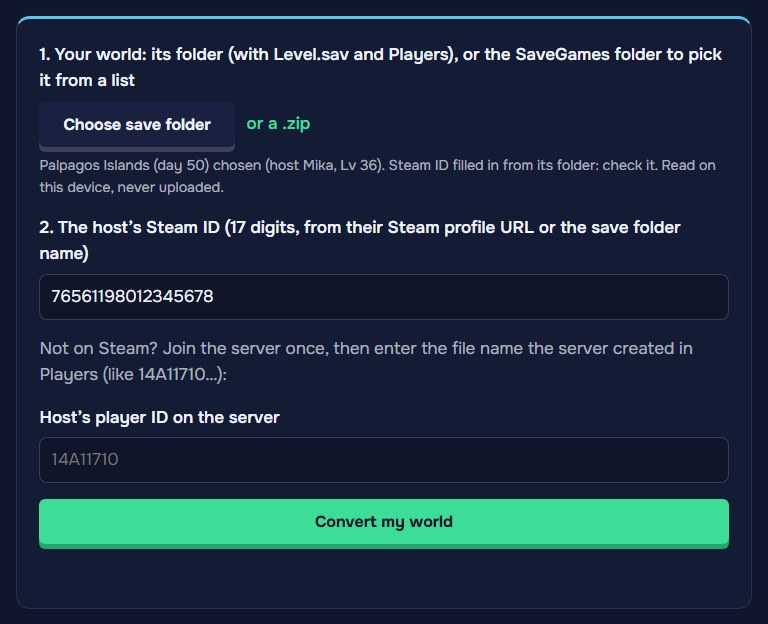The world chosen (host Mika, Lv 36) and the Steam ID filled in from its folder.