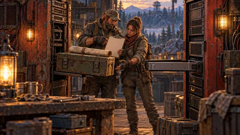 Two survivors compare a paper checklist while moving a sealed server crate between weathered industrial bays.