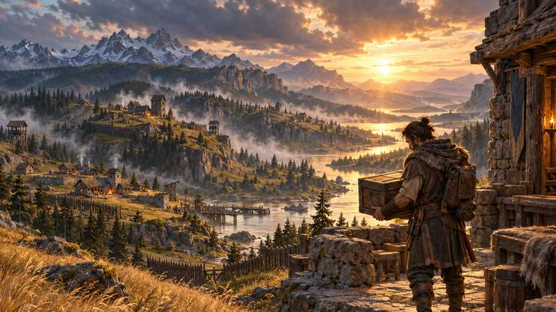 A traveler carries a sealed wooden world chest from one stone outpost to another across a Vintage Story valley.