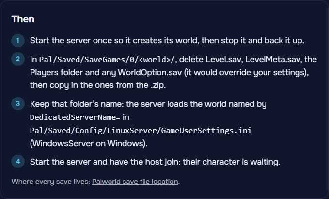 The converter’s Then box: start the server once and back it up, swap in the files from the .zip and delete any WorldOption.sav, keep the folder name DedicatedServerName points to, then have the host join.