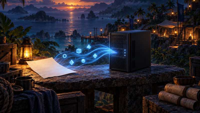 An unbranded server beside an island base at dusk, with abstract configuration lines connecting them.