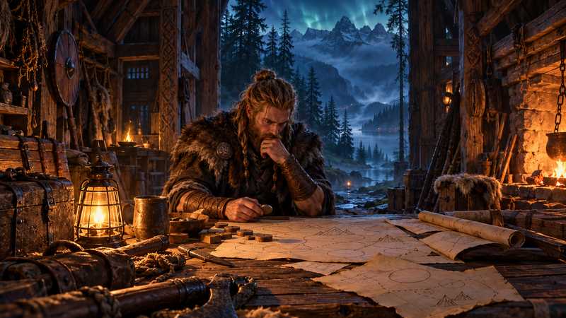 A Valheim server keeper studies a handwritten package manifest beside a lantern-lit workbench in a forest hall.