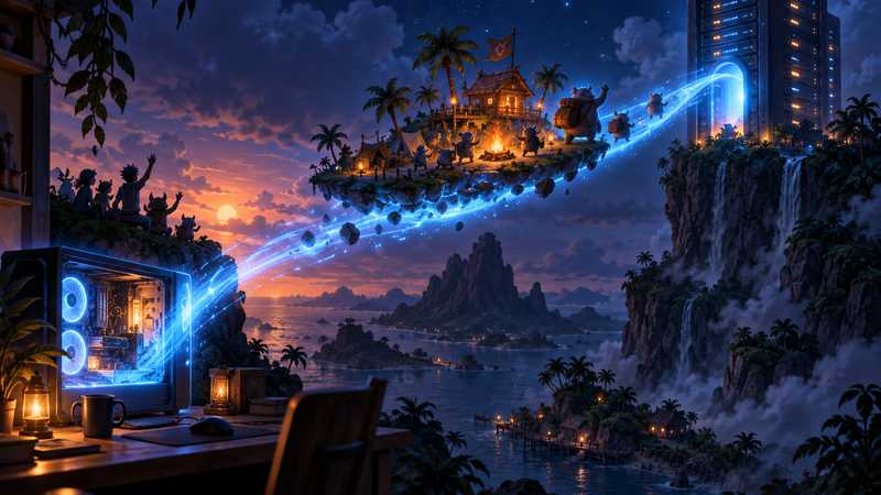 A small island base camp carried on a stream of blue light from a glowing home PC to a tall server tower on a cliff at dusk