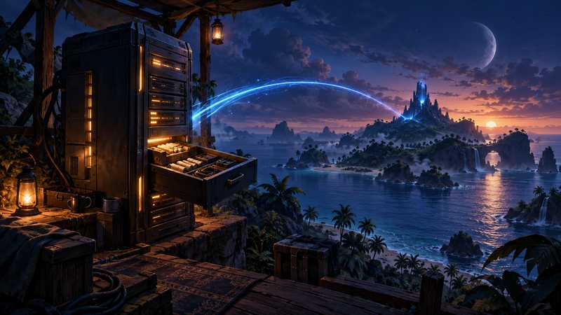 A dedicated server tower sends a blue arc toward a tropical island at dusk