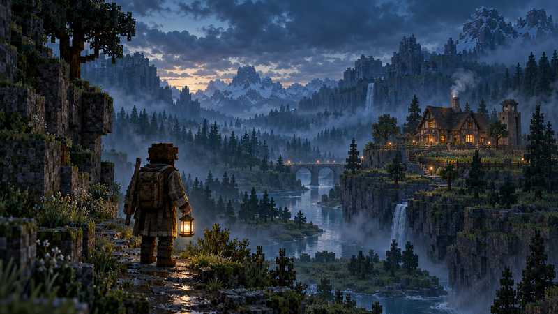 A player follows a lantern-lit trail toward a distant stone homestead across a misty Vintage Story landscape.