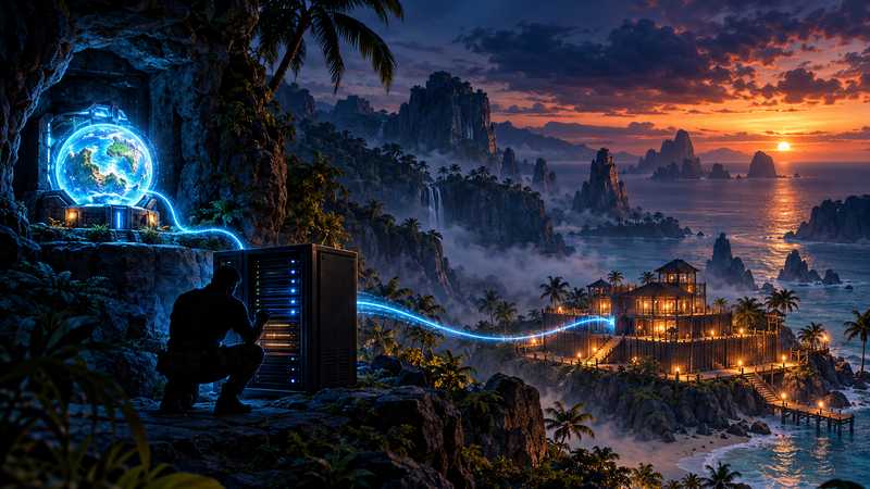 A host checks a small server beside a warmly lit island base as blue light connects a saved world to the machine.