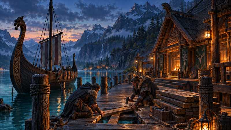 Two Norse craftspeople repair a timber landing beside a lantern-lit longhouse while a longship waits on a misty fjord.