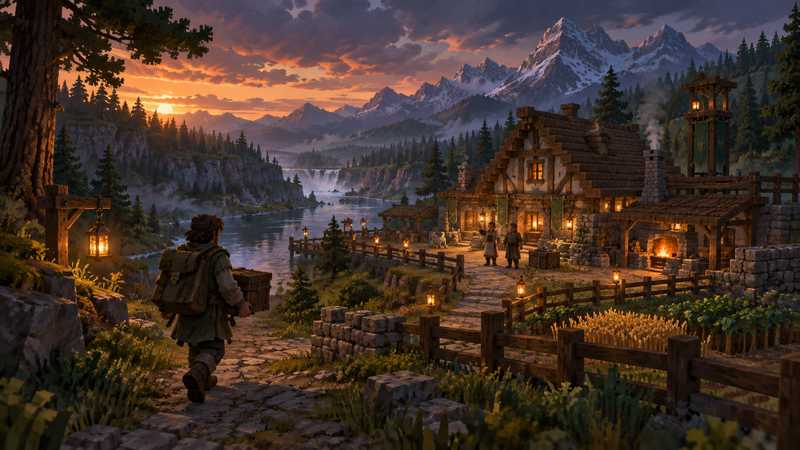 A traveler carries a chest toward a firelit settlement beside a river valley.