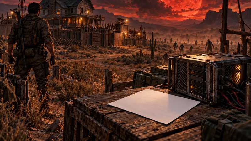 A survivor prepares a farmhouse beneath a red moon with a blank settings sheet and rugged server computer nearby.