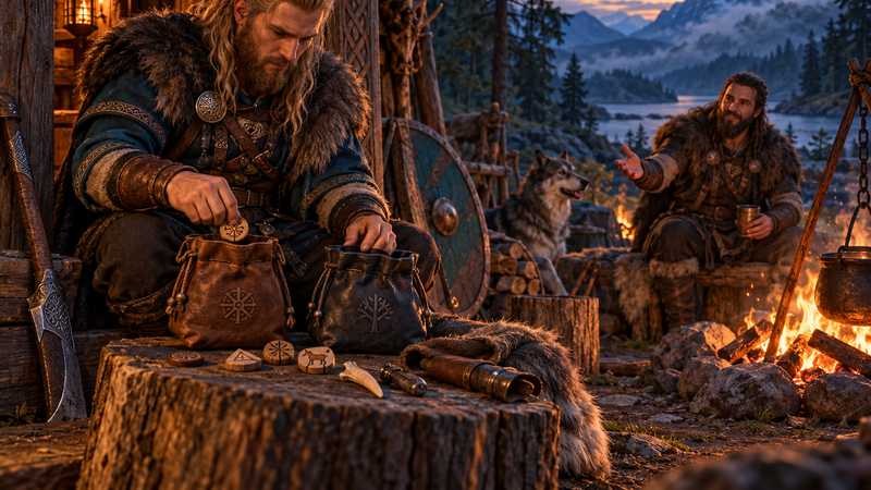 A Viking sorts separate gear pouches beside a longhouse while a friend waits by the campfire.