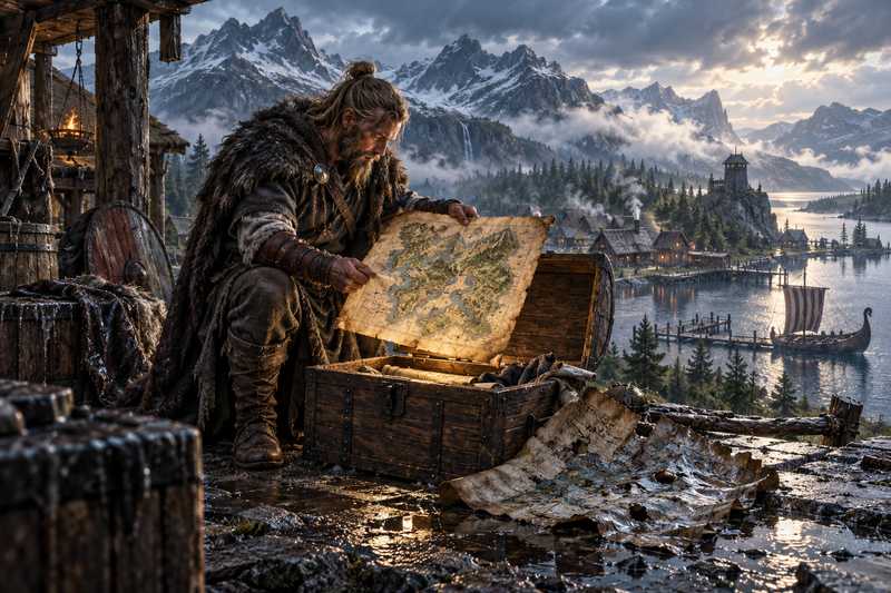A traveler retrieves an intact parchment world map from a wooden chest beside rain-damaged maps, with a Norse fjord clearing behind him.