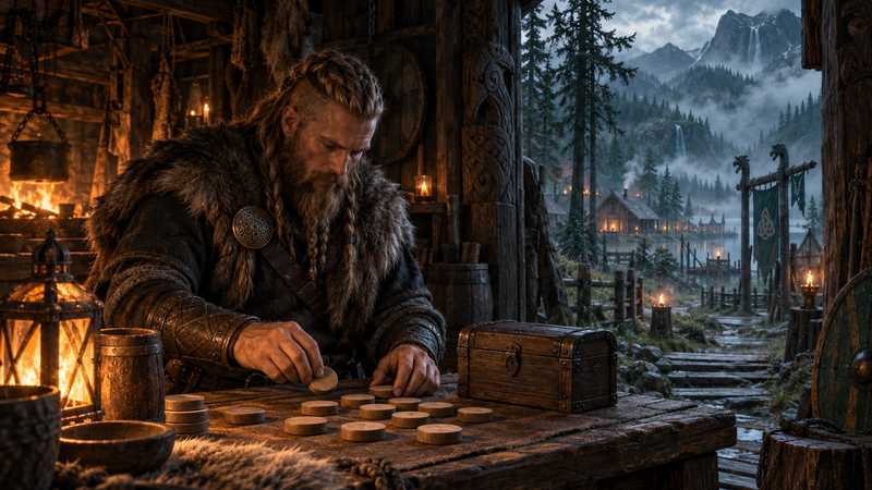 A Norse server keeper sorts blank wooden tokens by a lantern beside a closed chest in a timber workshop.