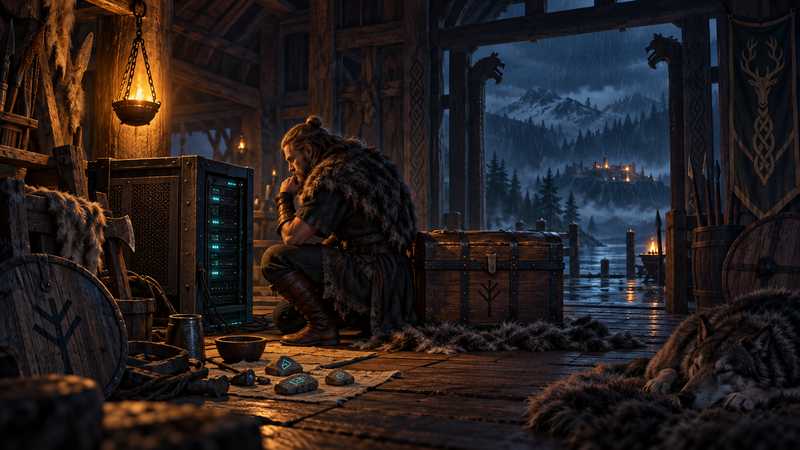 A Norse server keeper checks a dimly lit server cabinet beside a sealed save chest in a longhouse.