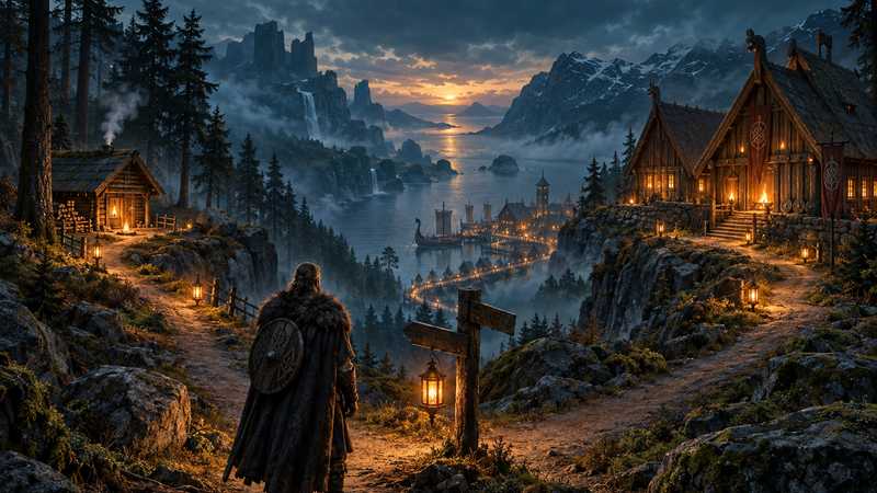 A cloaked Norse traveler stands at a forest crossroads overlooking a small cabin, a glowing longhouse and a harbor on a misty fjord.