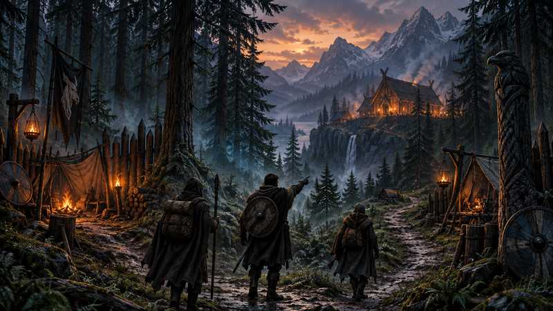 Three Norse travelers follow a misty forest path toward an amber-lit longhouse.