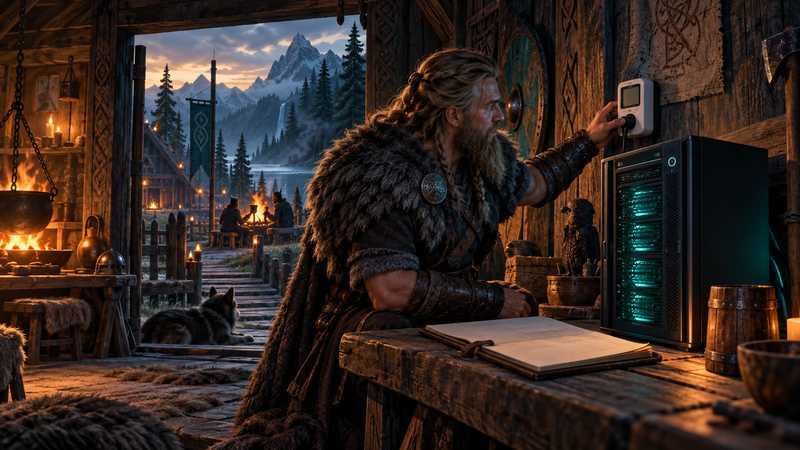 A Viking host checks a wall power meter beside a home server in a timber longhouse.
