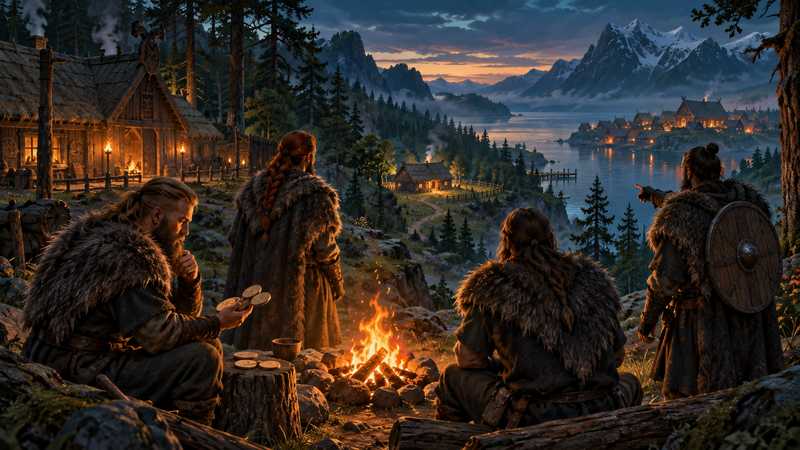 A group beside a campfire weighs blank tokens while looking toward distant Norse settlements.
