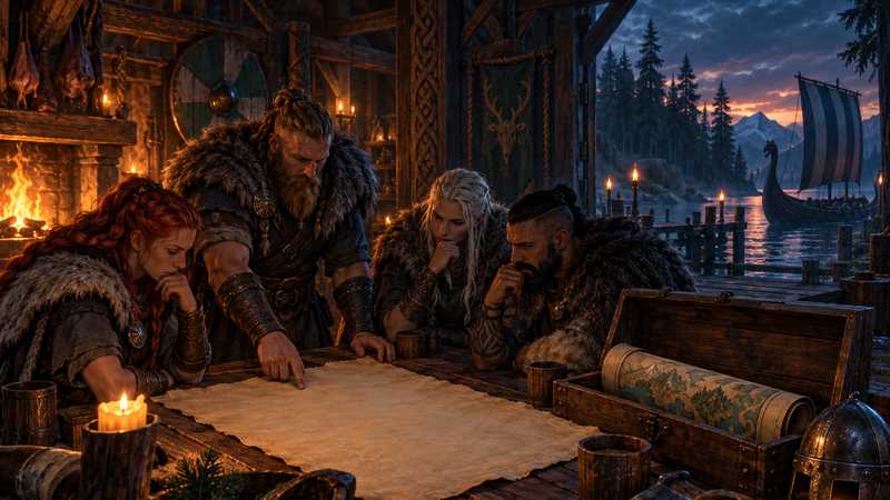 A Viking crew studies a blank ledger beside an open chest and a rolled world map in a firelit longhouse.