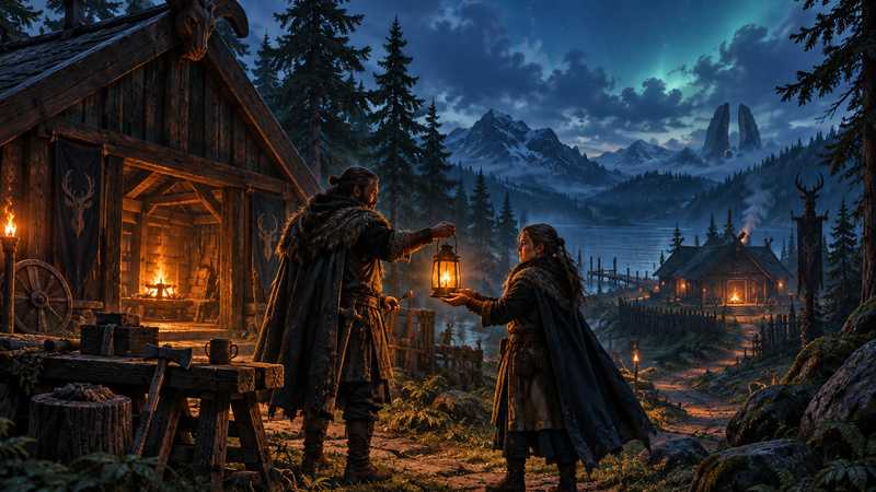 Two Norse caretakers pass an amber lantern beside a timber longhouse, with a tool bench and another glowing settlement beyond.